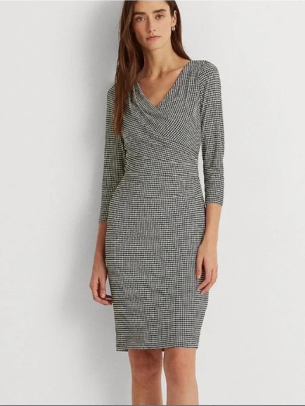 Lauren Ralph Lauren houndstooth faux wrap dress  and 3/4 sleeves 14 NEW W/Tags